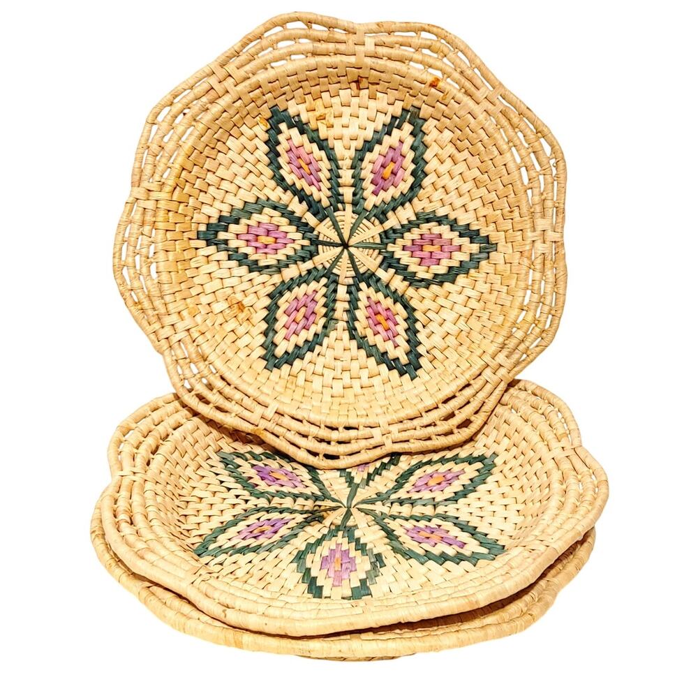 Woven Handmade Straw Basket With Floral Colorful Bohemian Tribal Bowl Tan 14.5"